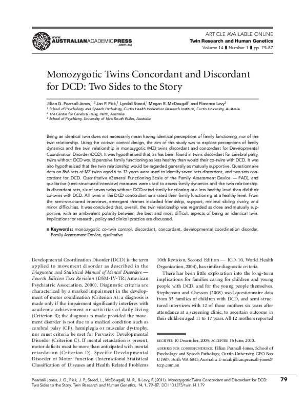 (PDF) Monozygotic Twins Concordant and Discordant for DCD: Two Sides to ...