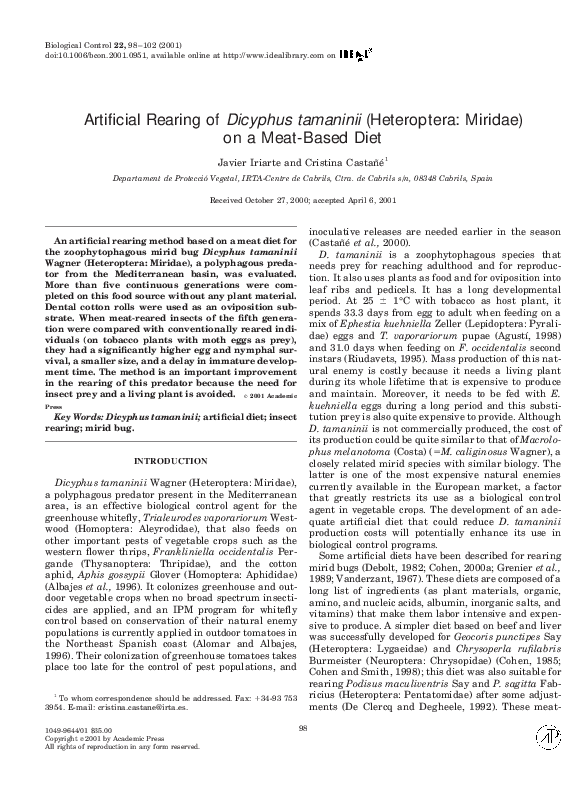(PDF) Artificial Rearing of Dicyphus tamaninii (Heteroptera: Miridae ...