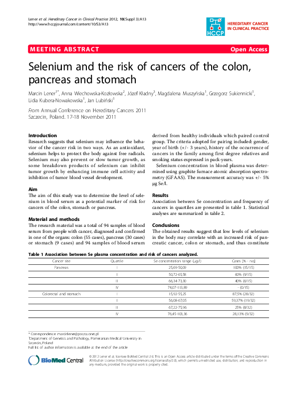 (PDF) Selenium and the risk of cancers of the colon, pancreas and stomach