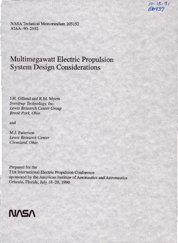 (PDF) Multimegawatt electric propulsion system design considerations