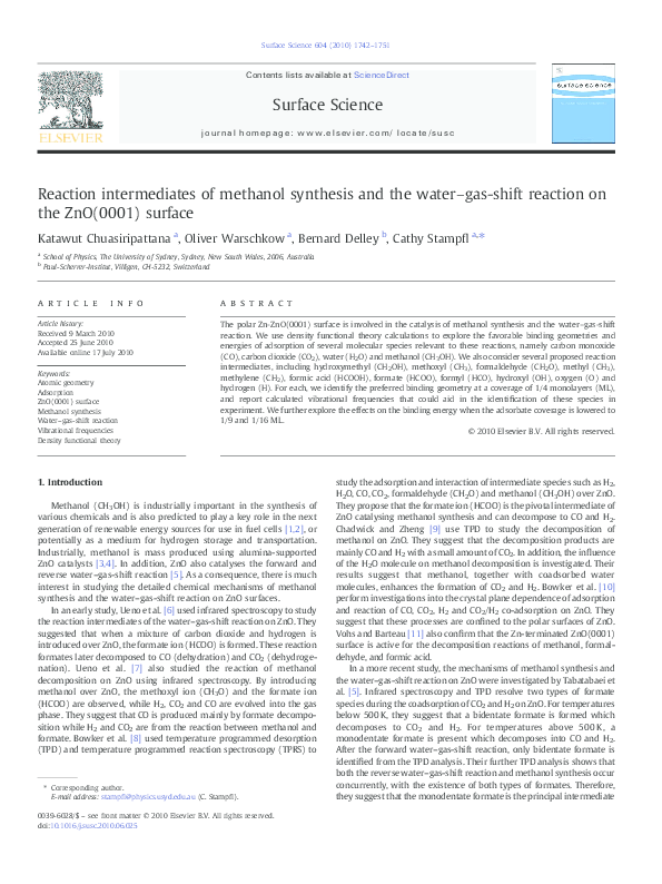 (PDF) Reaction intermediates of methanol synthesis and the water–gas ...