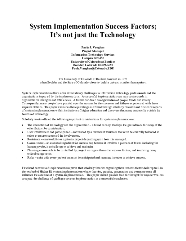 (PDF) System Implementation Success Factors; It's not just the Technology