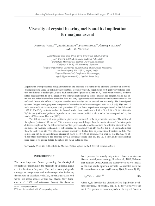 (PDF) Viscosity of crystal-bearing melts and its implication for magma ...