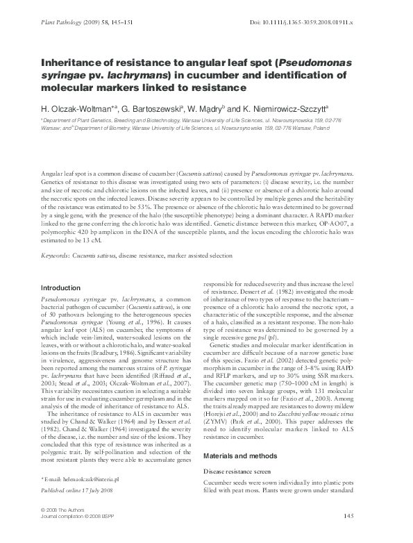 (PDF) Inheritance of resistance to angular leaf spot ( Pseudomonas ...