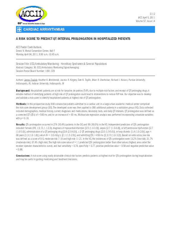 (PDF) A Risk Score to Predict QT Interval Prolongation in Hospitalized ...