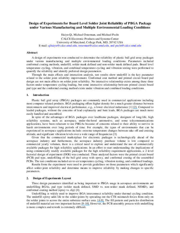 (PDF) Design of Experiments for Board-Level Solder Joint Reliability of ...