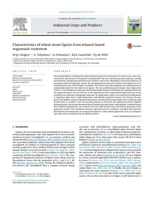 (PDF) Characteristics of wheat straw lignins from ethanolbased