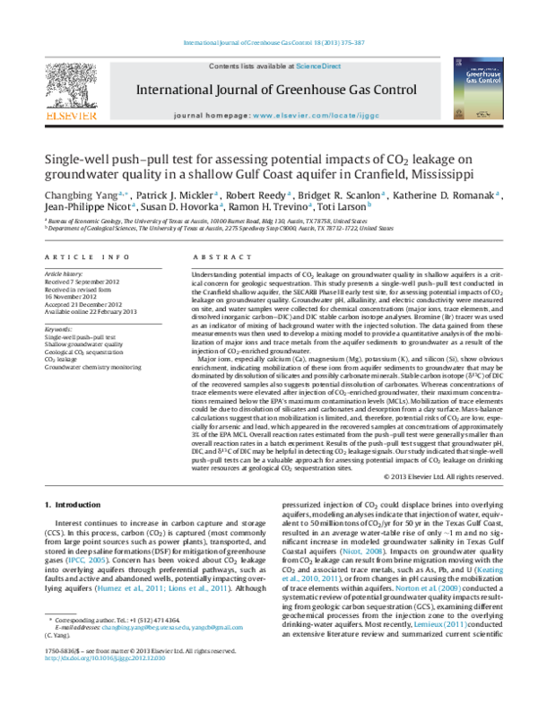 (PDF) Singlewell pushpull test for assessing potential impacts of CO2 leakage on groundwater