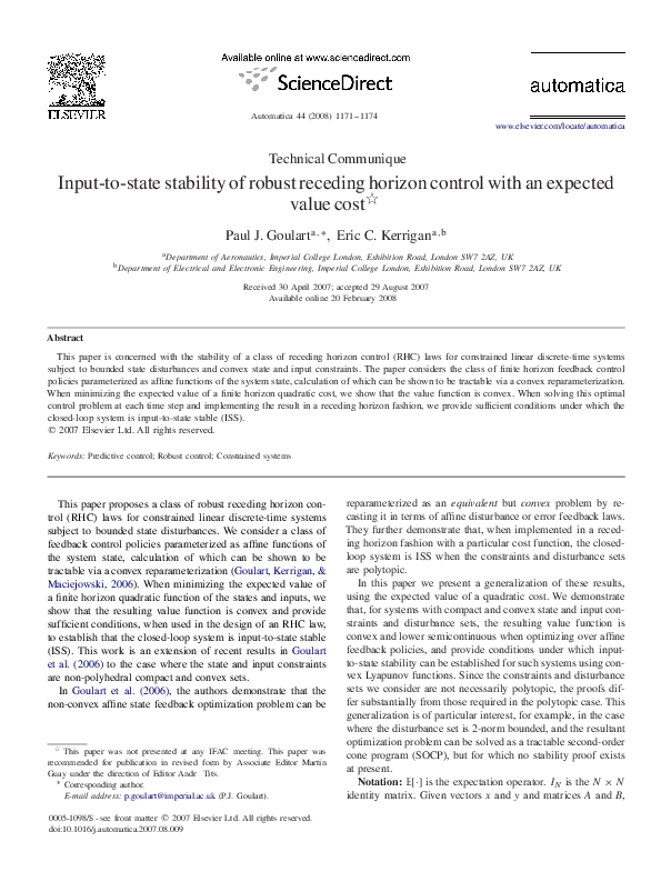 (PDF) Input-to-state stability of robust receding horizon control with ...