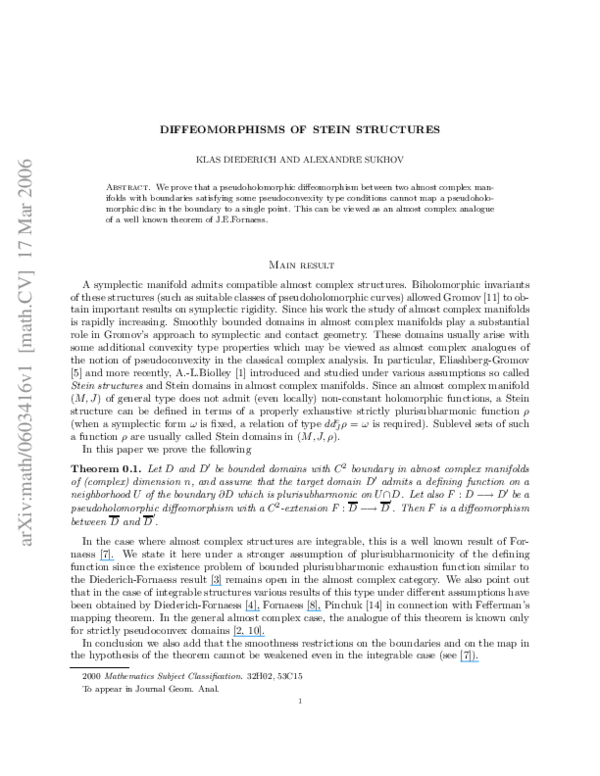 (PDF) Diffeomorphisms of Stein structures Klas Diederich Academia.edu