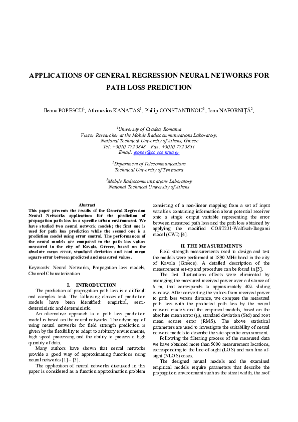 (PDF) Applications of General Regression Neural Networks for Path Loss ...
