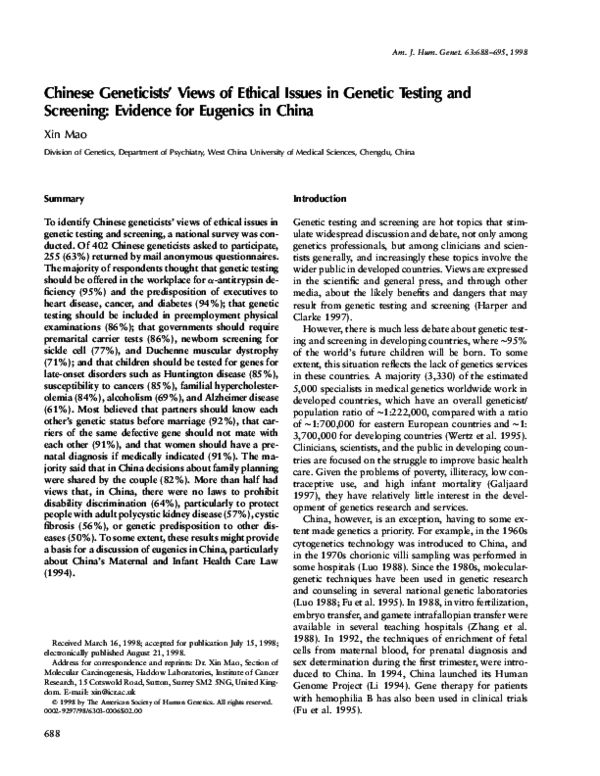 (PDF) Chinese geneticists’ views of ethical issues in genetic testing ...