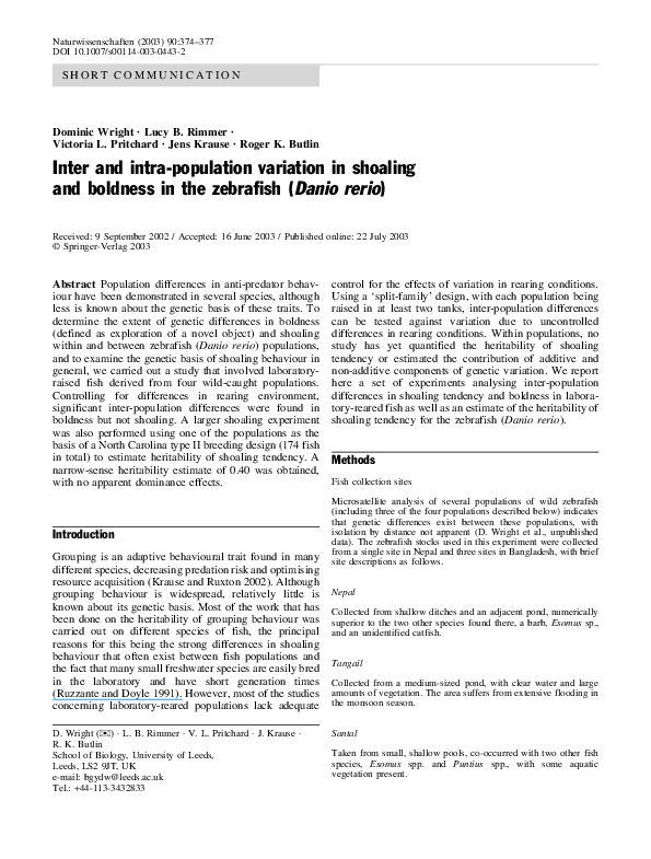 (PDF) Inter and intra-population variation in shoaling and boldness in ...