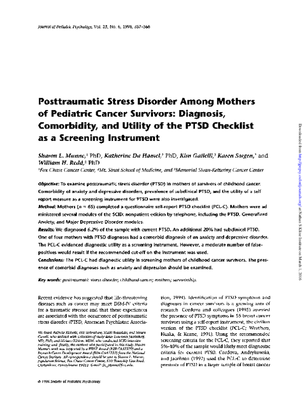 (PDF) Posttraumatic Stress Disorder Among Mothers of Pediatric Cancer ...
