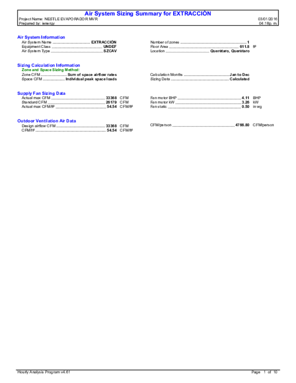 Air System Sizing Summary for EXTRACCIÒN Air System Information