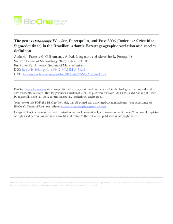 (PDF) The genus Hylaeamys Weksler, Percequillo, and Voss 2006 (Rodentia ...