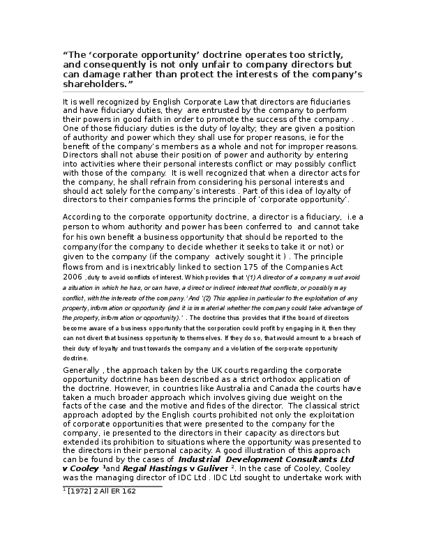 “The ‘corporate opportunity’ doctrine operates too strictly, and