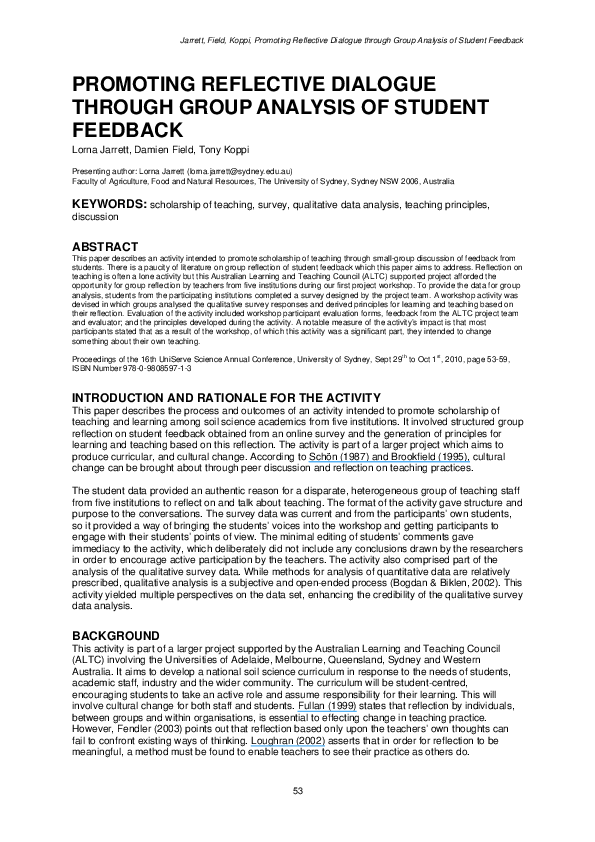 Pdf Promoting Reflective Dialogue Through Group Analysis Of Student Pdf Promoting Reflective Dialogue Through Group Analysis Of Student
