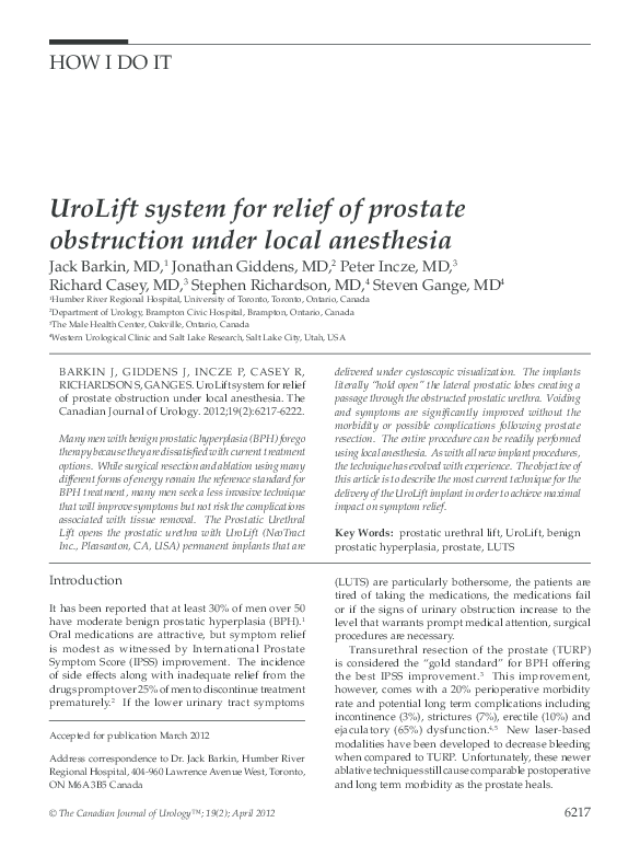 Pdf Urolift System For Relief Of Prostate Obstruction Under Local Anesthesia Jack Barkin Academia Edu