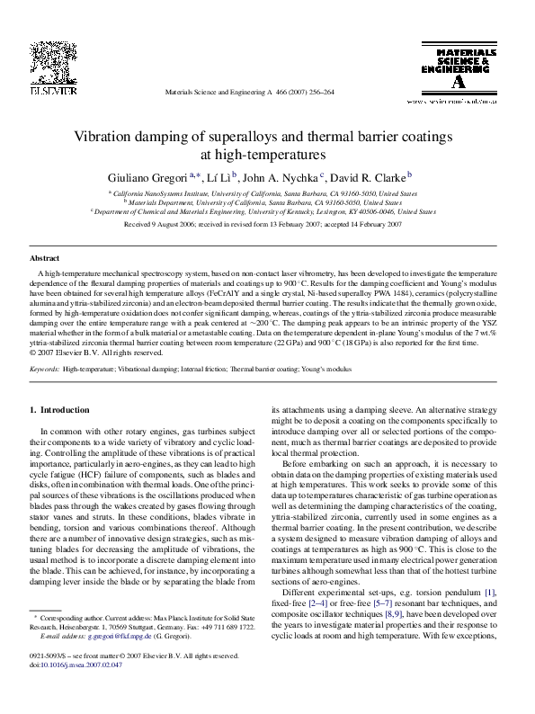 (PDF) Vibration damping of superalloys and thermal barrier coatings at hightemperatures John