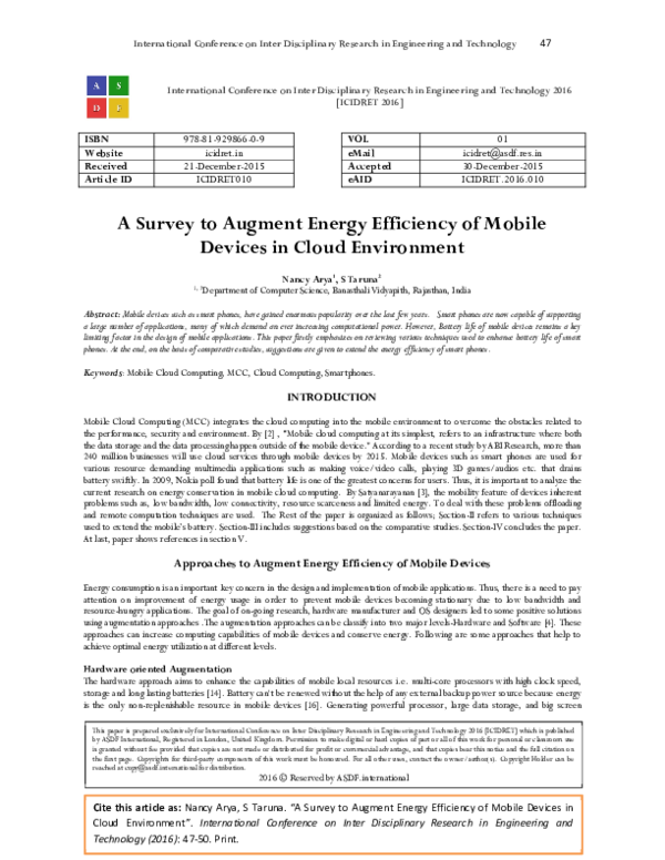 (PDF) A Survey to Augment Energy Efficiency of Mobile Devices in Cloud ...
