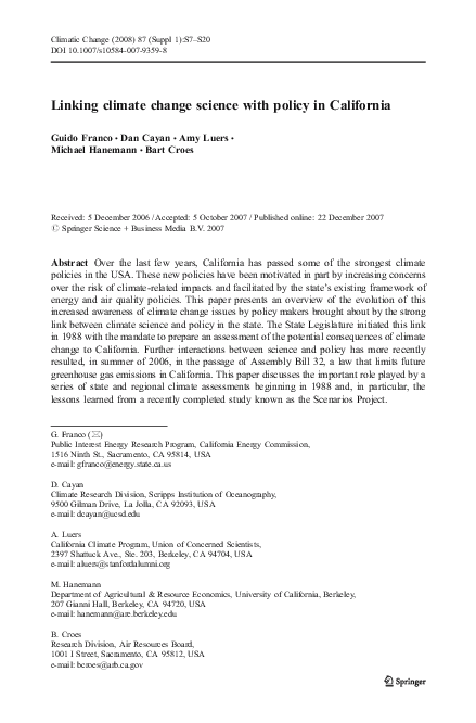(PDF) Linking climate change science with policy in California