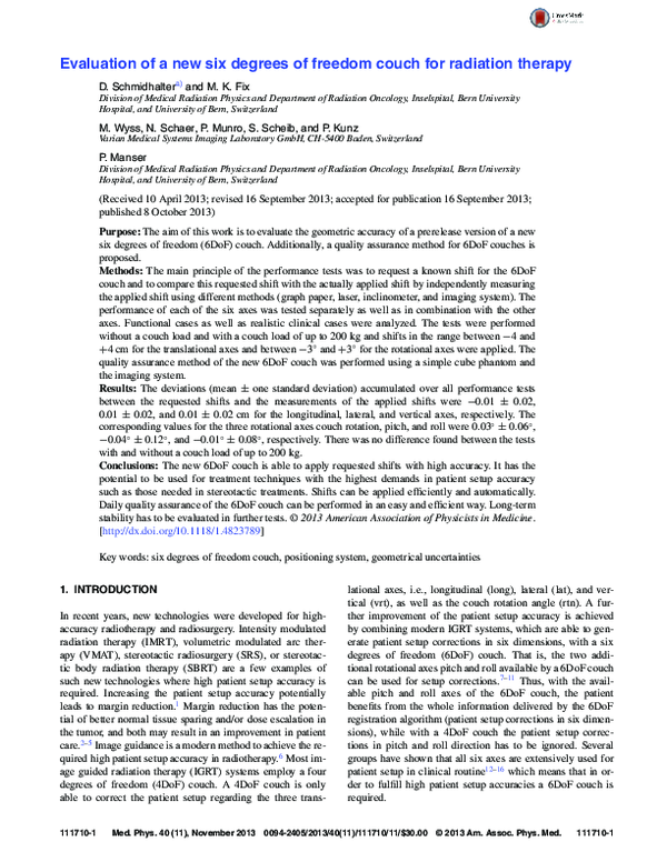 (PDF) Evaluation of a new six degrees of freedom couch for radiation