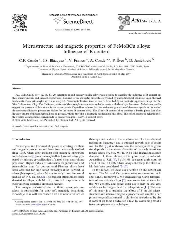 (PDF) Microstructure and magnetic properties of FeMoBCu alloys ...