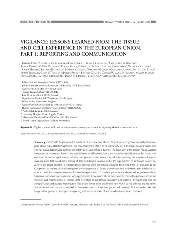 (PDF) Vigilance: lessons learned from the tissue and cell experience in ...