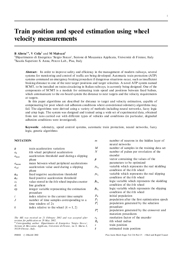 (PDF) Train position and speed estimation using wheel velocity