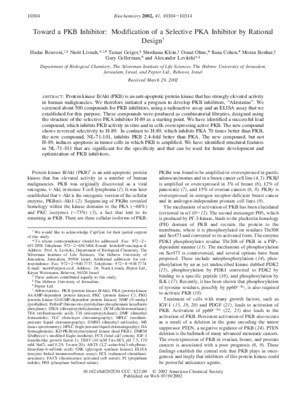 (PDF) Toward a PKB Inhibitor: Modification of a Selective PKA Inhibitor ...