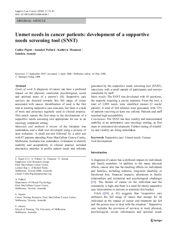(PDF) Unmet needs in cancer patients: development of a supportive needs ...