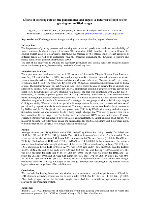 Effects of stocking rate on the performance and ingestive behavior of ...