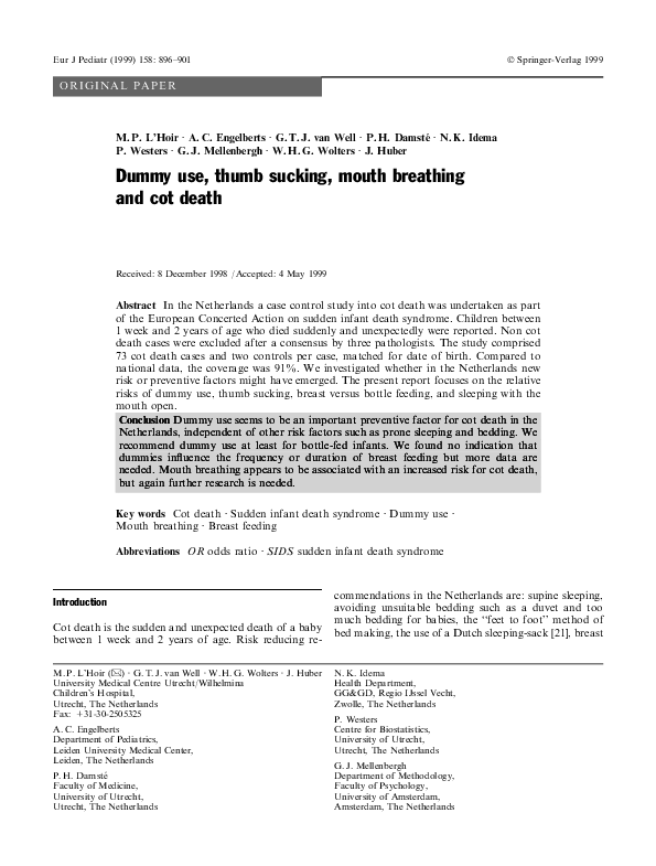 (PDF) Dummy use, thumb sucking, mouth breathing and cot death Gideon