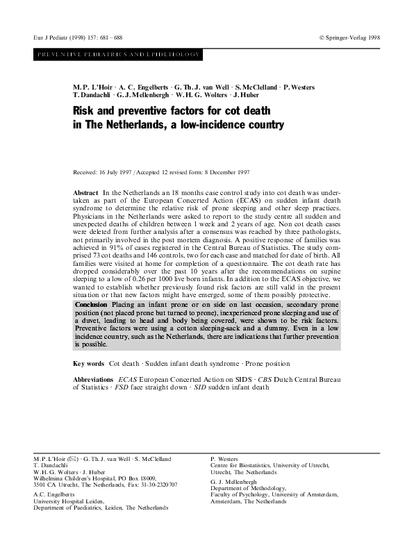 (PDF) Risk and preventive factors for cot death in The Netherlands, a lowincidence country