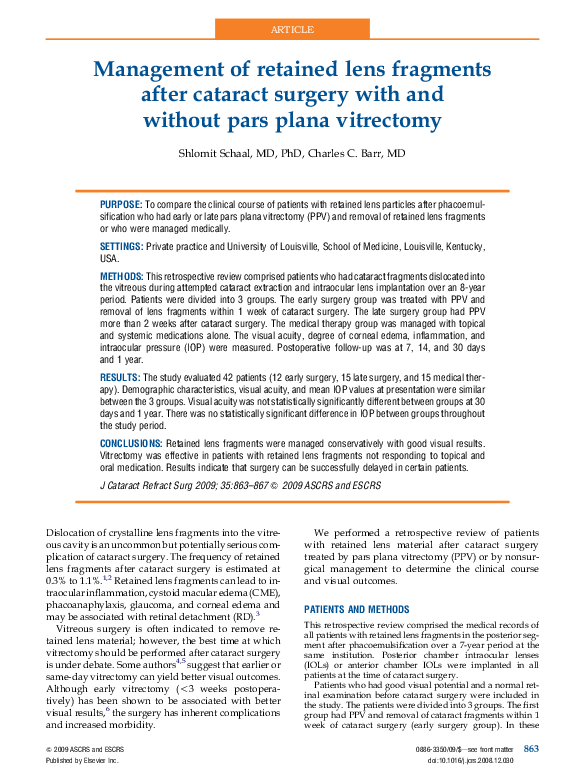 (PDF) Management of retained lens fragments after cataract surgery with