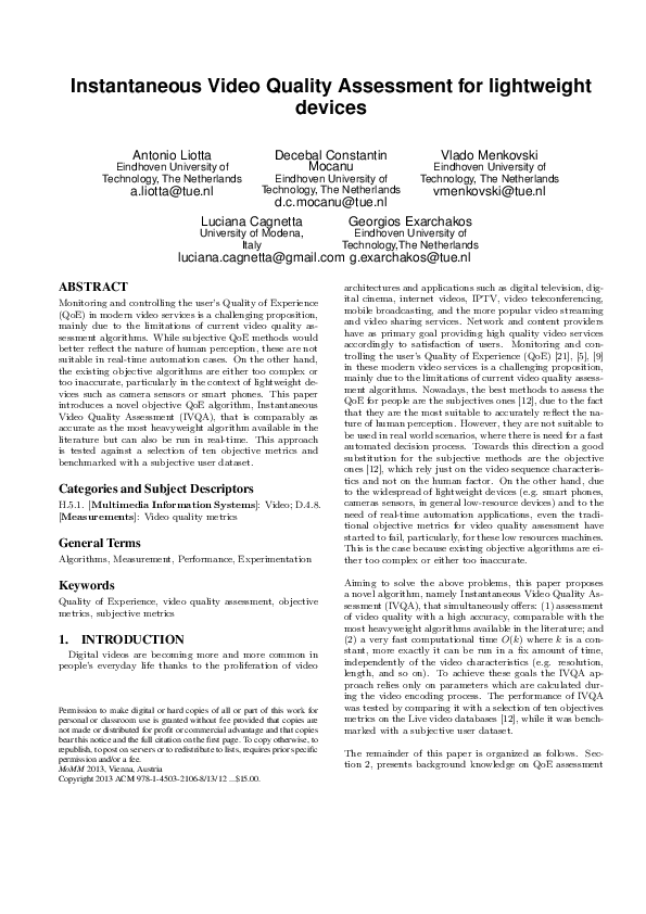 (PDF) Instantaneous Video Quality Assessment for lightweight devices
