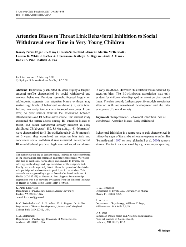 (PDF) Attention Biases to Threat Link Behavioral Inhibition to Social ...