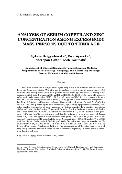 (PDF) Analysis of Serum Copper and Zinc Concentrations in Cancer Patients