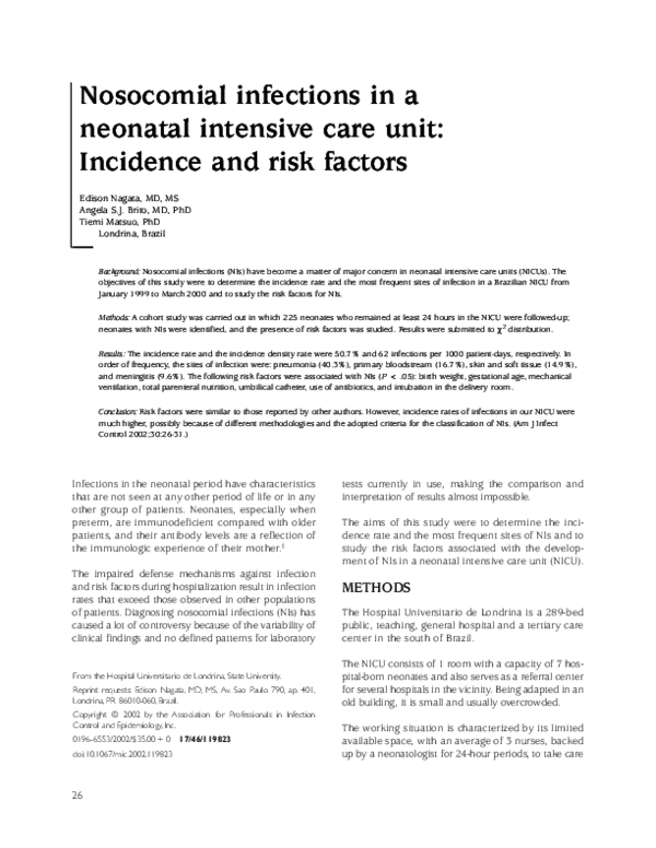 (PDF) Nosocomial infections in a neonatal intensive care unit ...