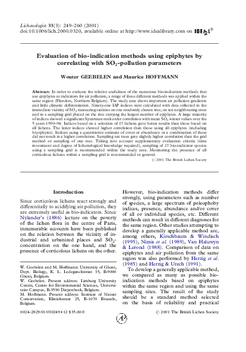Pdf Evaluation Of Bio Indication Methods Using Epiphytes By Correlating With So2 Pollution Parameters M Hoffmann Academia Edu
