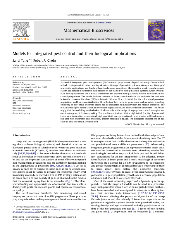 (PDF) Models for integrated pest control and their biological implications