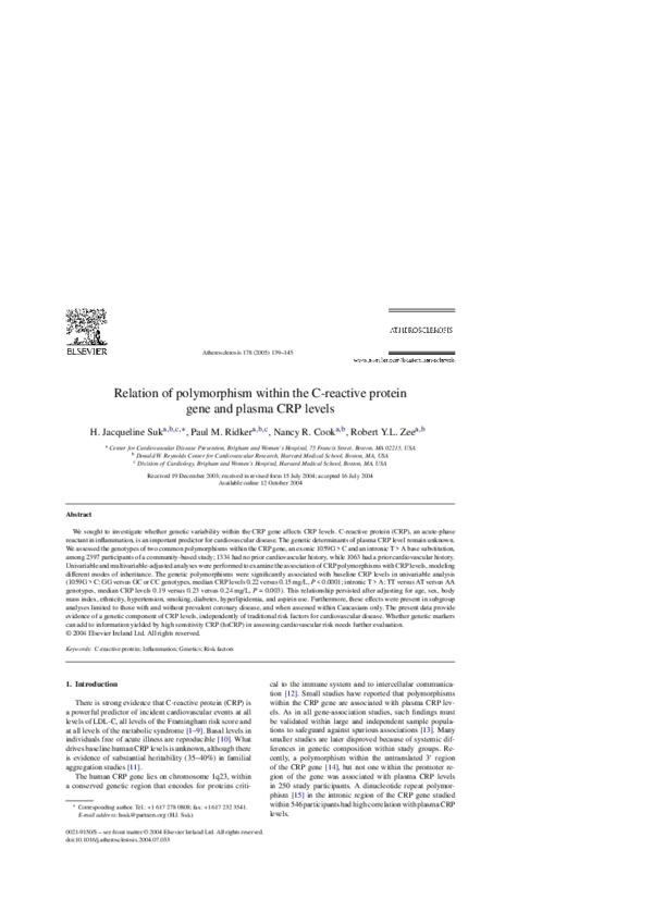 (PDF) Relation of polymorphism within the C-reactive protein gene and ...