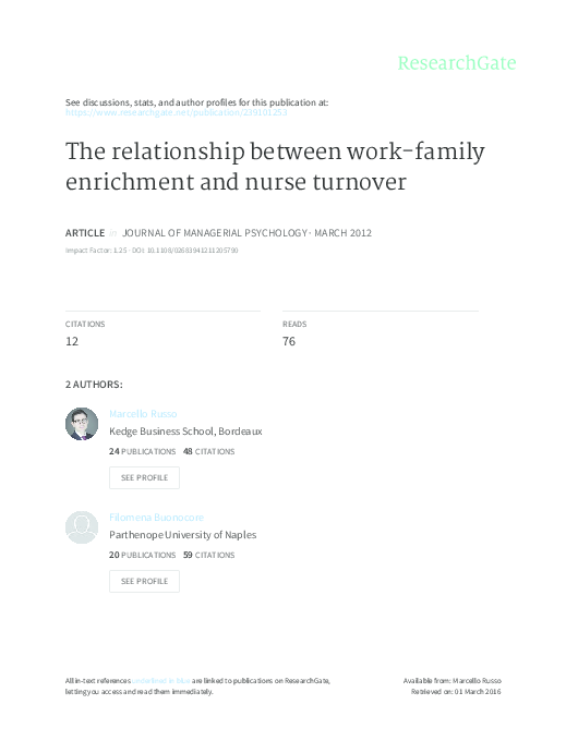 (PDF) The relationship between work-family enrichment and nurse turnover