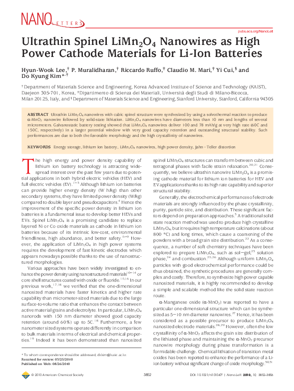 (PDF) Ultrathin Spinel LiMn 2 O 4 Nanowires as High Power Cathode ...