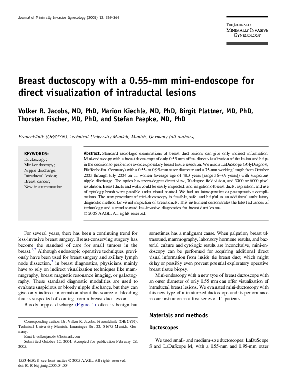 (PDF) Breast ductoscopy with a 0.55mm miniendoscope for direct
