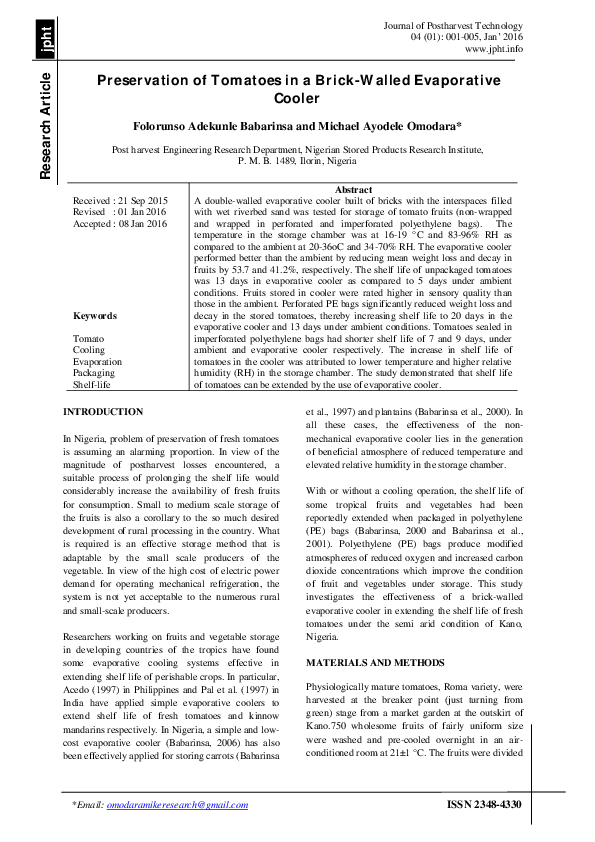 (PDF) Preservation of Tomatoes in a BrickWalled Evaporative Cooler