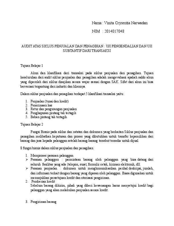 Doc Audit Atas Siklus Penjualan Dan Penagihan Vinita Narwadan Academia Edu