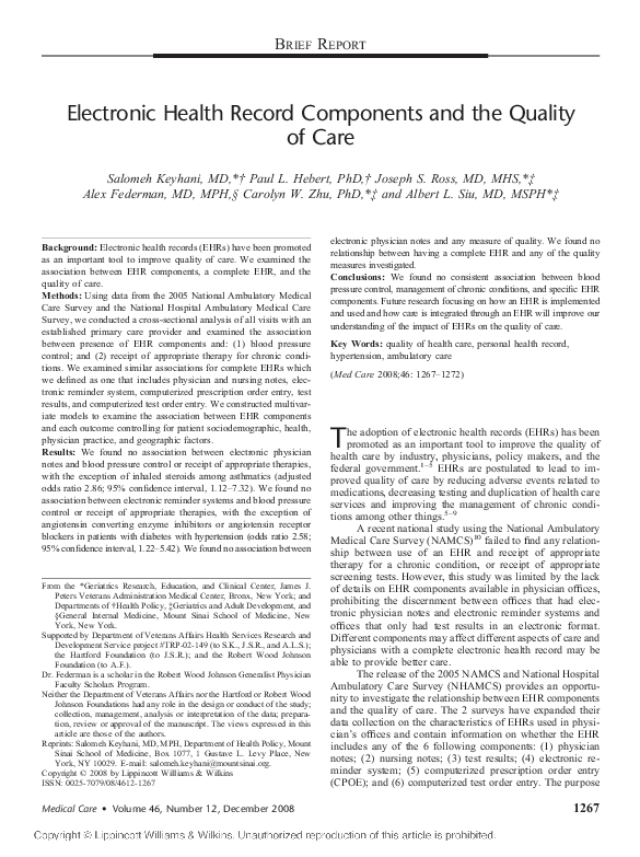 (PDF) Electronic Health Record Components and the Quality of Care