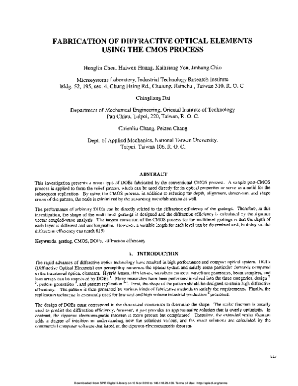 (PDF) Fabrication of diffractive optical elements using the CMOS process